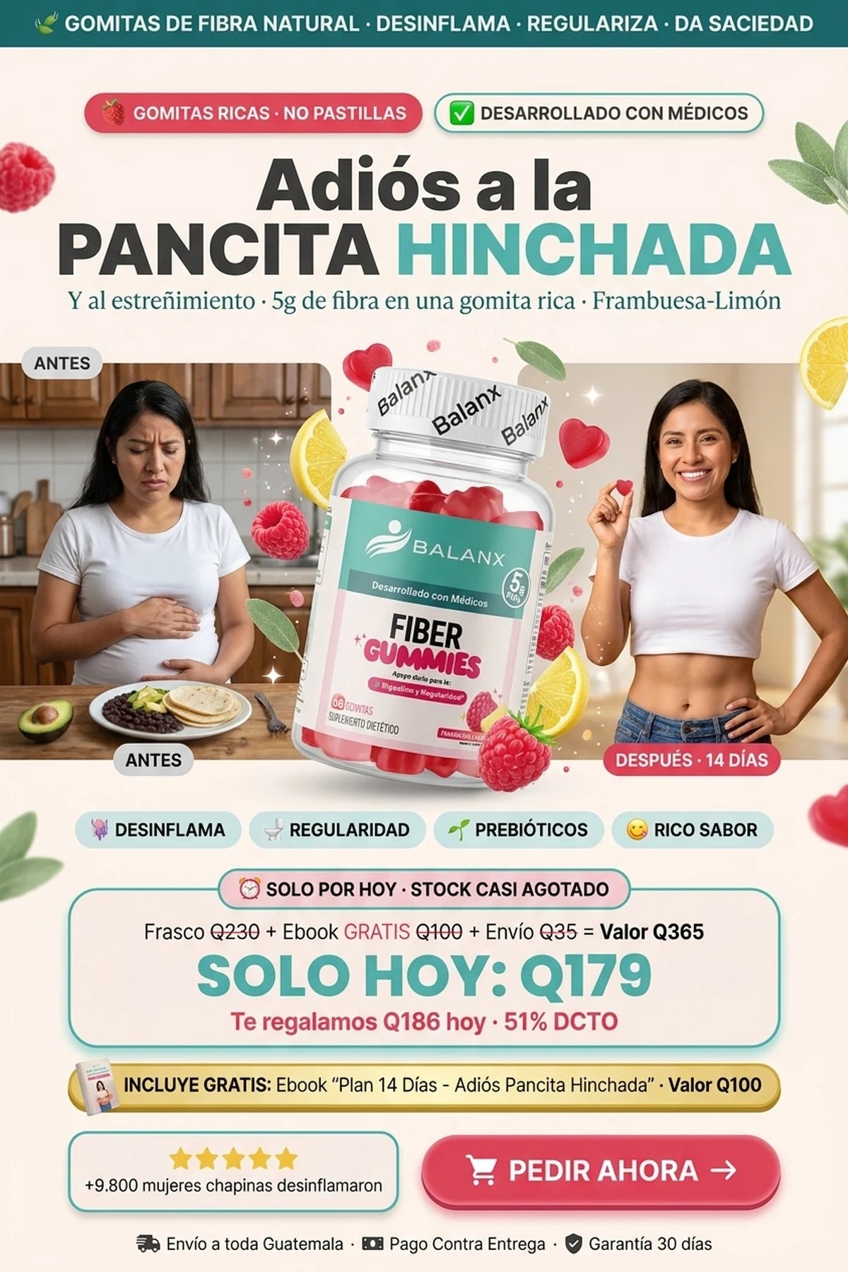 Gomitas de Fibra · Adiós Pancita Hinchada y Estreñimiento · 60 Gomitas Frambuesa-Limón